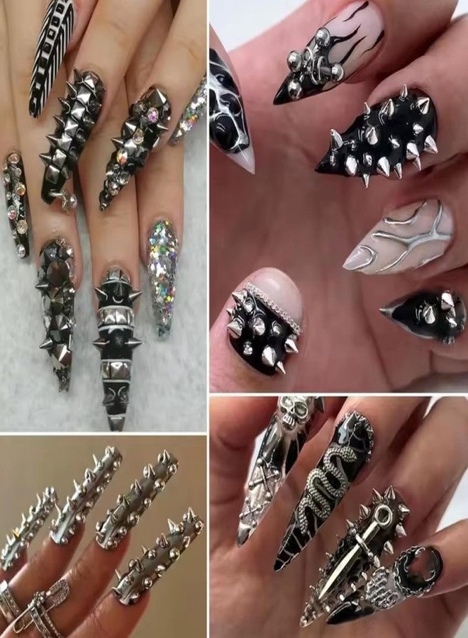 BSBTBZ 6 Grids Punk Bullet Rivet Nail Charm,3D Alloy Flat Bottomed Pointed Cone Mixed Black Silver Nail Art Rhinestones Studs DIY Crafts Nail Art Charm Spike Nails for Women DIY Nail Decoration Accessories - Image 2